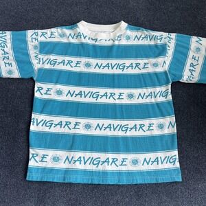 Vintage 90S AOP Navigare Shirt Mens XL Blue Nautical Stripe Graphic Tee T-Shirt